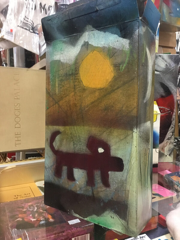 Barry Roth:  Cereal Box painting (dog, sun, pandemic man)